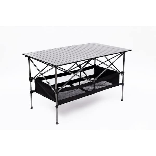 Zeus & Ruta Black 46.46 in. Aluminum Frame Material Rectangular Folding Picnic Tables with Carrying Bag, 6 Person Seating Capacity