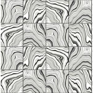 30.75 sq. ft. Luxe Haven Ebony & Metallic Silver Marbled Tile Vinyl Peel and Stick Wallpaper Roll