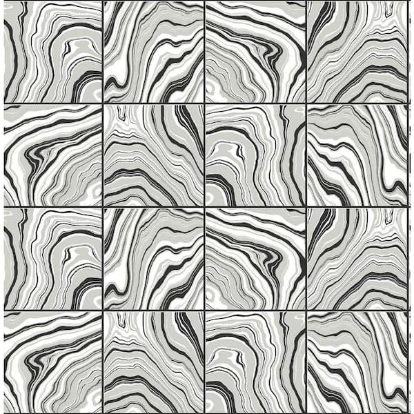 LILLIAN AUGUST 30.75 sq. ft. Luxe Haven Ebony & Metallic Silver Marbled Tile Vinyl Peel and Stick Wallpaper Roll