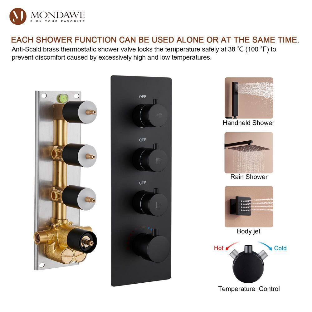 Matte Black 12-Inch Stainless Steel Multi-Head Wall Mounted Shower System
