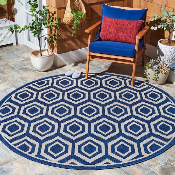 Courtyard Navy/Beige 4 ft. x 4 ft. Kilim Tribal Indoor/Outdoor Round Area Rug