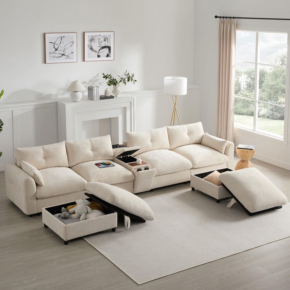 142 in. U Shaped 6-Seat Chenille Sectional Sofa in Beige with Movable Stora