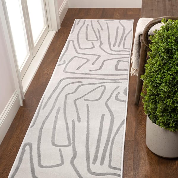 JONATHAN Y Alcina Modern Scandinavian Graphic Lines High-Low White/Light Gray 2 ft. x 8 ft. Runner Rug