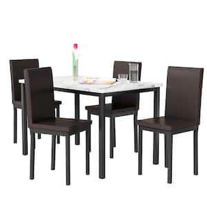 5-Piece Rectangular White Faux Marble Top Dining Table Set with 4 Upholstered PU Leather Dining Chairs