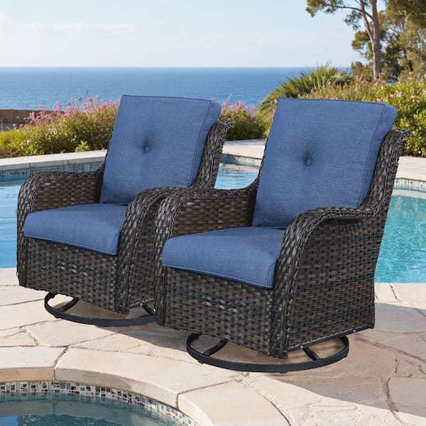 Outdoor Swivel Brown Wicker Outdoor Rocking Chair with CushionGuard Blue Cushions Patio (Set 2-Pack)