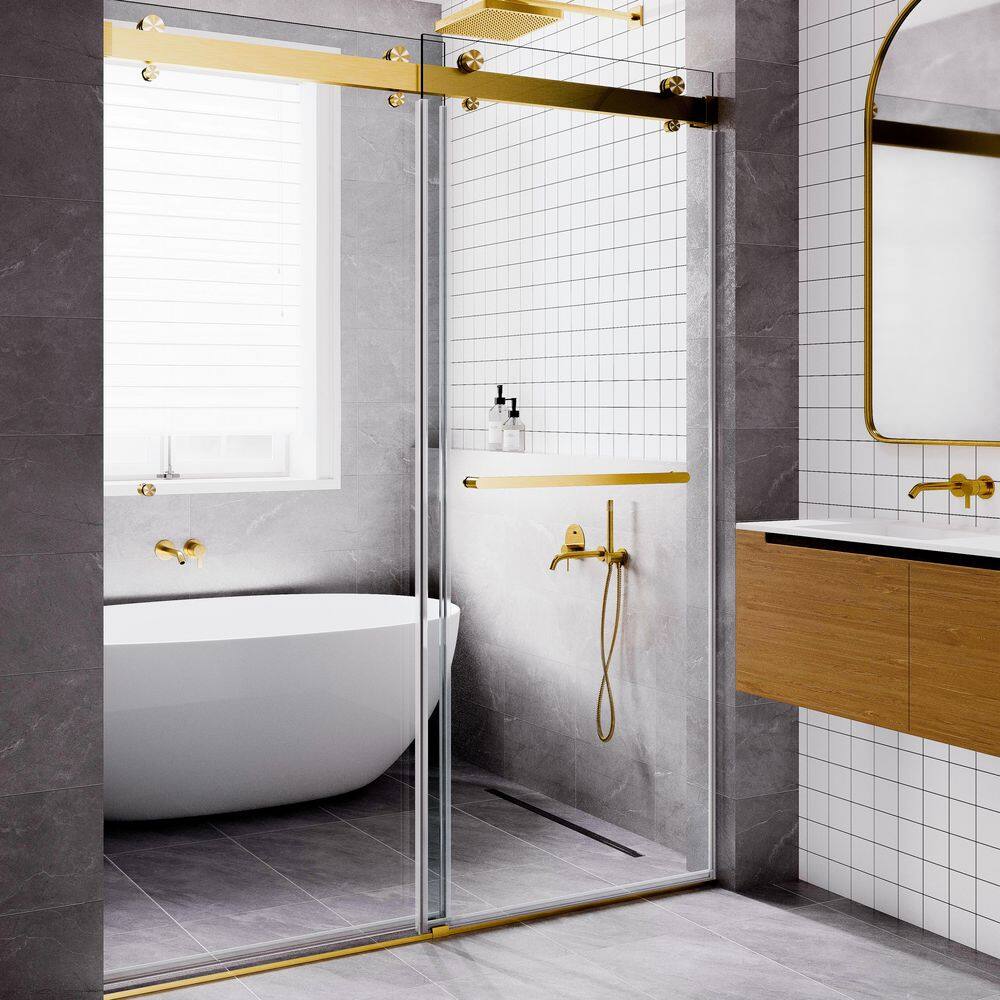 SP Series 56-60 in. W x 77 in. H Frameless Double Sliding Glass Shower Door with 3/8 in. Tempered Glass in Satin Brass price history on PriceWatchPro