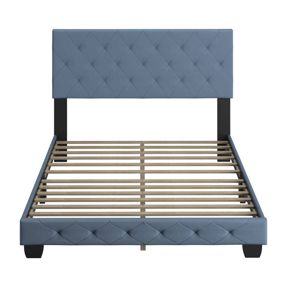 Full Blue Linen Upholstered Platform Bed with Tufted Headboard