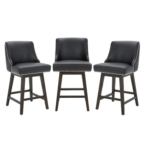 Spruce & Spring Martin 26 in. Black High Back Solid Wood Frame Swivel Counter Height Bar Stool with Faux Leather Seat(Set of 3)