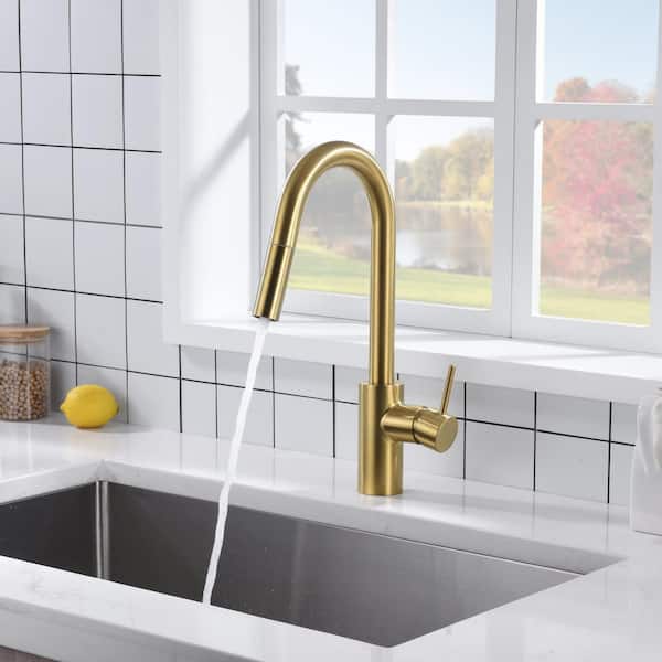 Ultra Faucets Euro Modern Single-Handle Pull-Down Sprayer Kitchen Faucet with Accessories in Rust, Spot Resist in Brushed Gold UF14908