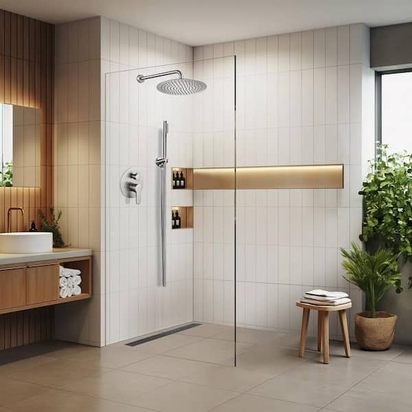 Rainfall 1-Spray Round 12 in. Shower System with Hand Shower in Brushed Nickel