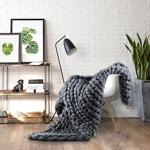 Charcoal Grey Chunky Knit Blanket, Merino Wool Yarn Throw Blanket for Cuddling up in Bed, Sofa Chair Mat for Home Decor