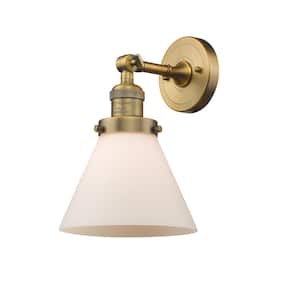 Cone 1-Light Brushed Brass Wall Sconce with Matte White Glass Shade