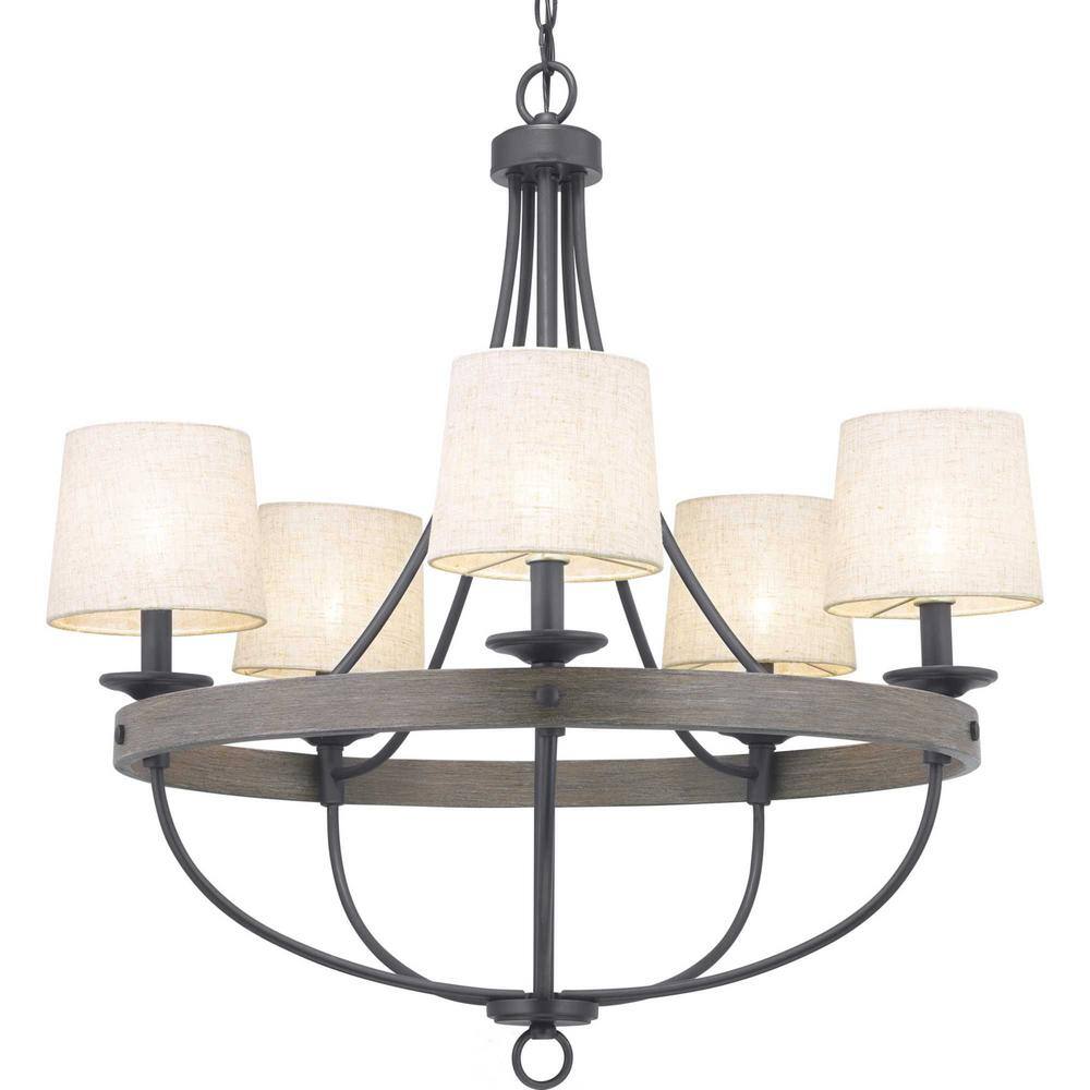 Gulliver 26" Black and Oak Five-Light Chandelier