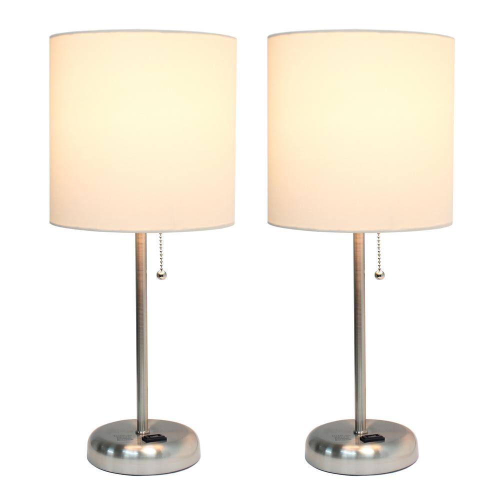White Fabric Shade Brushed Steel Stick Table Lamp Set with Charging Outlet