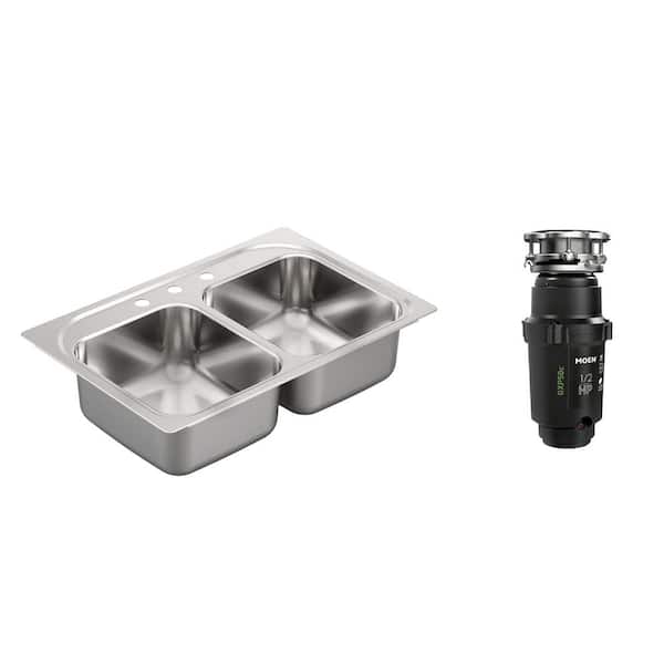 MOEN 2000 Series Drop-in Stainless Steel 33 in. 3-Hole Double Basin Kitchen Sink with GX Pro Series 1/2 HP Garbage Disposal