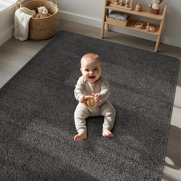 Silky Dark Gray 6 ft. x 9 ft. Solid Plus Thick Pile Non Slip Easy Clean Non Shedding Modern Indoor Area Rug