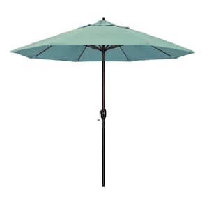 9 ft. Bronze Aluminum Pole Market Aluminum Ribs Auto Tilt Crank Lift Patio Umbrella in Spa Sunbrella