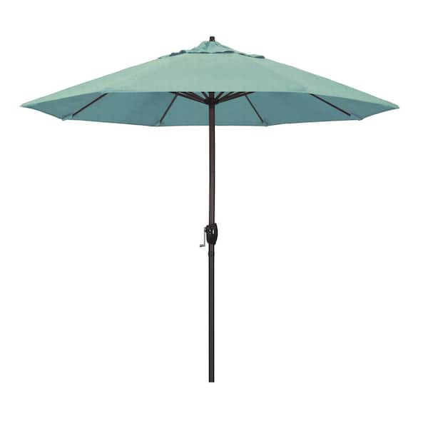 California Umbrella 9 ft. Bronze Aluminum Pole Market Aluminum Ribs Auto Tilt Crank Lift Patio Umbrella in Spa Sunbrella