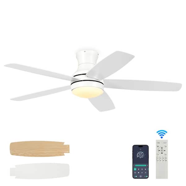 52 in. Smart Indoor White 5 Plywood Blades Standard Flush Mount Ceiling Fan with 3 LED Light and Remote Included