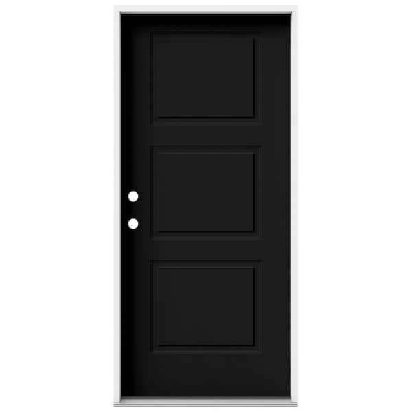 JELD-WEN 36 in. x 80 in. 3 Panel Equal Right-Hand/Inswing Black Steel Prehung Front Door