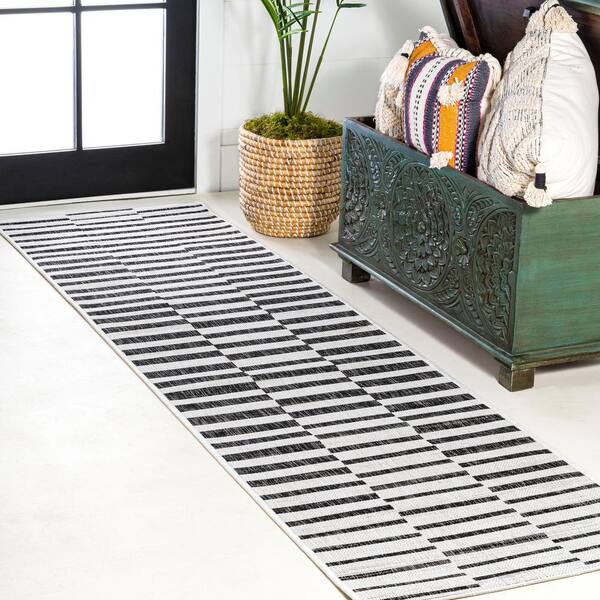 Sukie Modern Offset Stripe Ivory/Black 2 ft. x 10 ft. Indoor/Outdoor Runner Rug