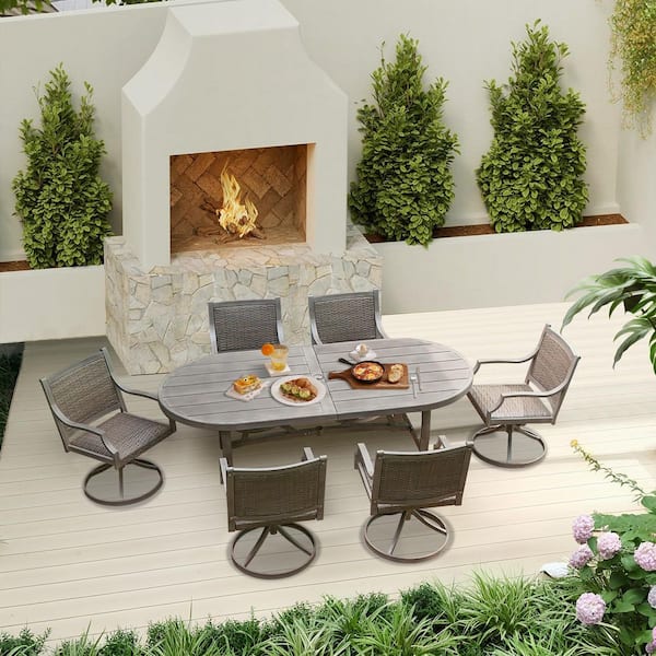 Tampa 7-Piece Aluminum Outdoor Dining Set, 6 Swivel Dining Chairs and Oval Dining Table