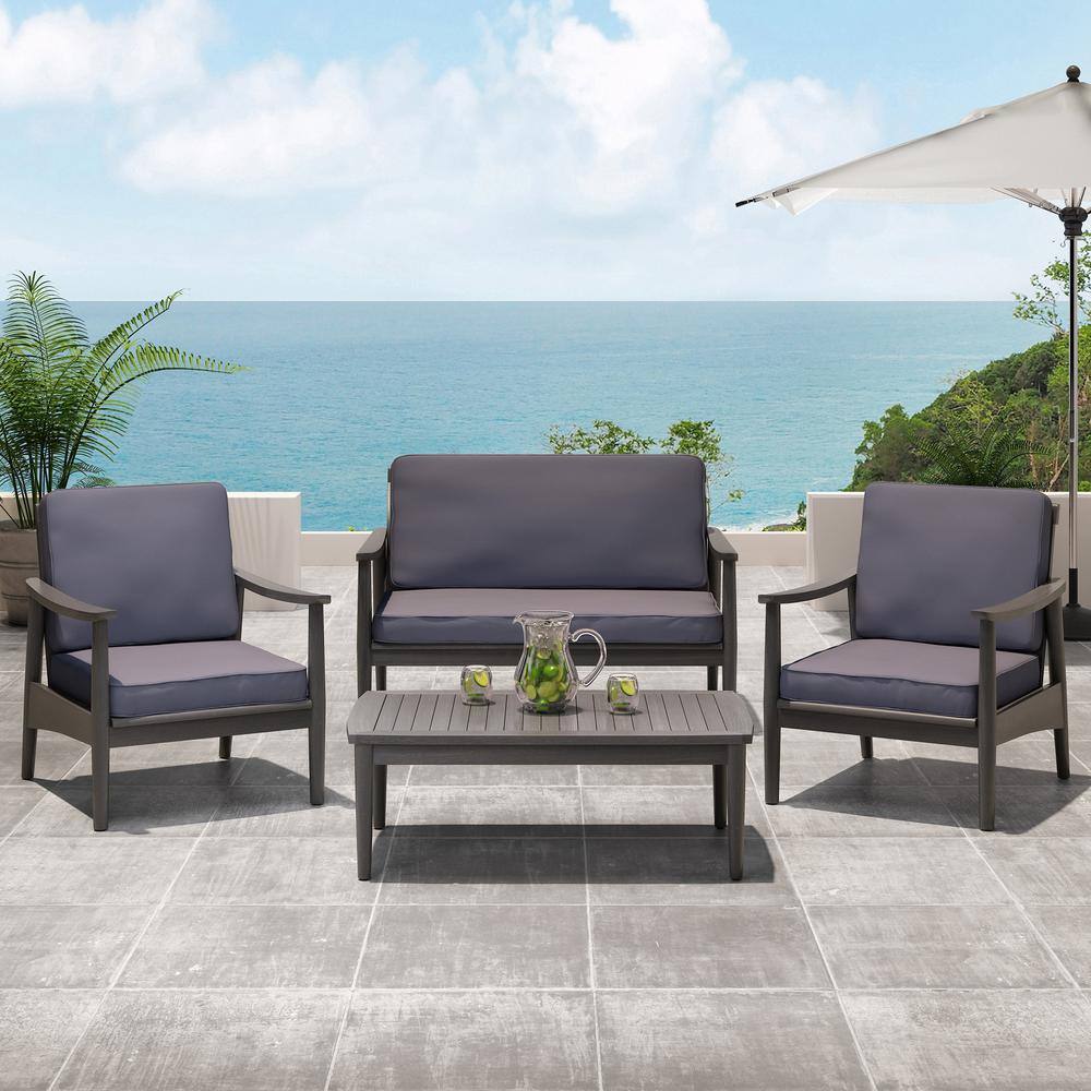 Noble House Willowbrook Grey 4-Piece Wood Patio Conversation Seating Set with Dark Grey Cushions Noble House Willowbrook Grey 4-Piece Wood Patio Conversation Seating Set with Dark Grey Cushions - 1