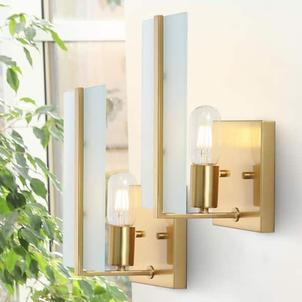 JONATHAN Y Mila 5.5 in. 1-Light Brass Gold Modern Coastal Iron/Glass LED Sconce (Set of 2)