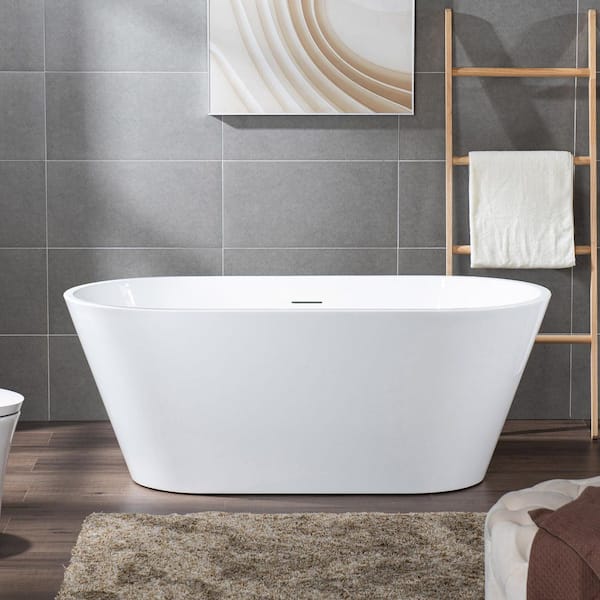 WOODBRIDGE 59 in. L x 29.5 in. W Acrylic Flatbottom Freestanding Soaking Bathtub in White with Matte Black Drain