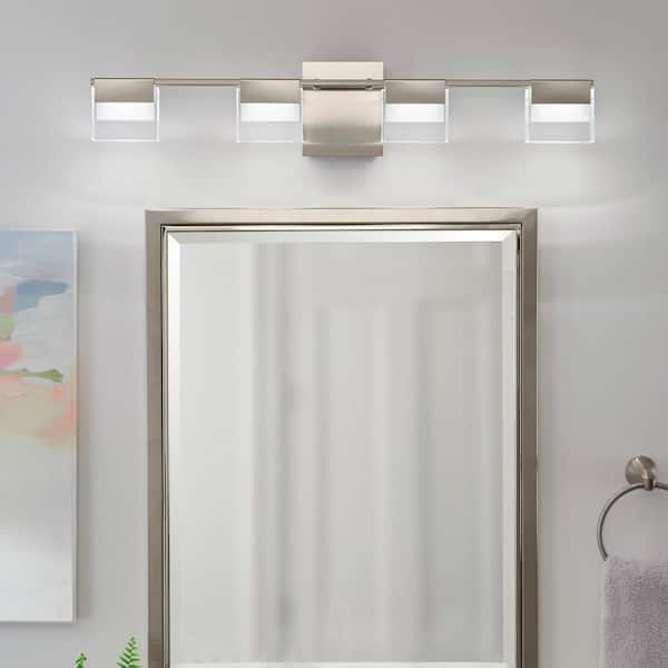 Home Decorators Collection VICINO 30 in. W x 5.71 in. H 4-Light Matte Nickel Integrated LED Bathroom Vanity Light with Frosted Rectangular Shades
