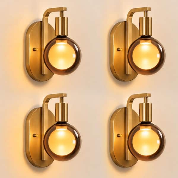 Vintage Brass Vanity Wall Sconce with Smoked Globe Glass LED Bulb(4-Pack)