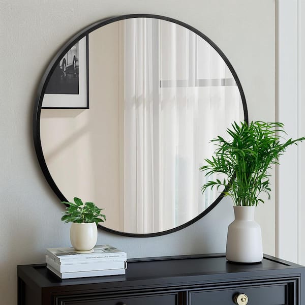 Lirago 20 in. W x 20 in. H Metal Framed Round Mirror in Black