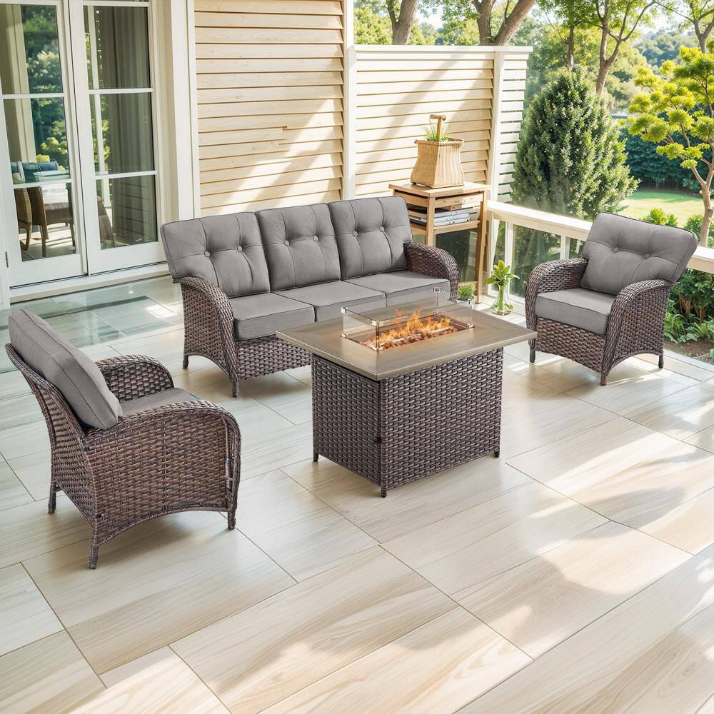Brynn 4-Piece Brown Wicker Patio Conversation Sofa Set Outdoor Propane Fire Pit Table with Gray Cushions price history on PriceWatchPro