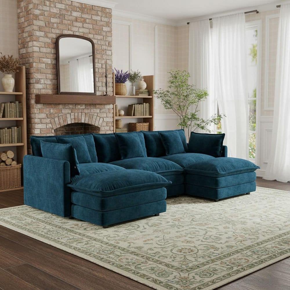 HEAT 111.5 in. Track Arm 5-Piece Chenille U-Shaped Sectional Sofa with Ottoman and Deep Seat, in Midnight Teal price history on PriceWatchPro