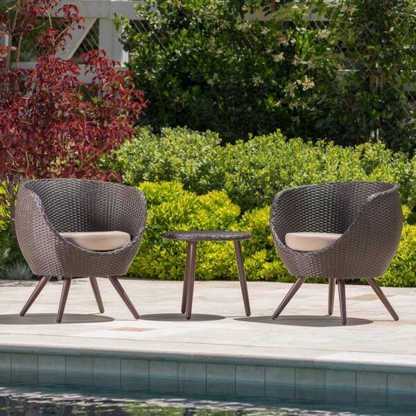 Noble House Easter Island Multi-Brown 3-Piece Plastic Patio Conversation Set with Light Brown Cushions