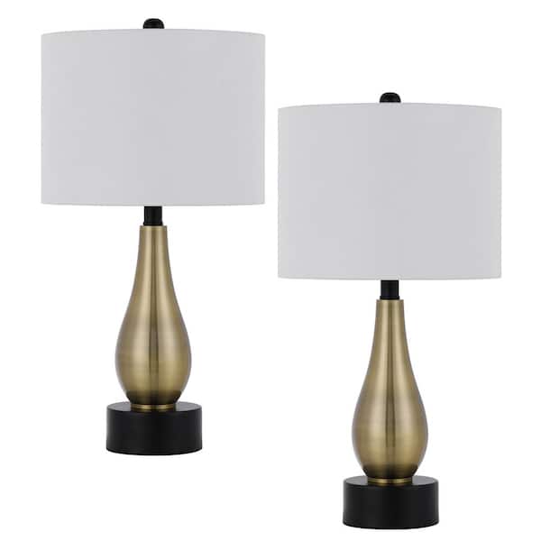 CAL Lighting 23.5 in. Antique Brass Metal Table Lamp Set with White Shade and Black Base (Set of 2)