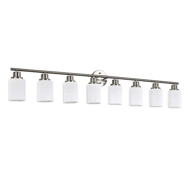 52 in. 8-Light Brushed Nickel Vanity Light with Frosted Glass Shades for Bathroom or Hallway Lighting