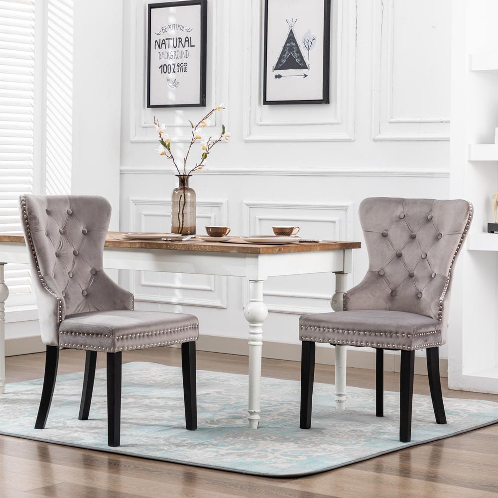 Elegant Gray Velvet Upholstered Dining Side Chair with Nailhead Trim