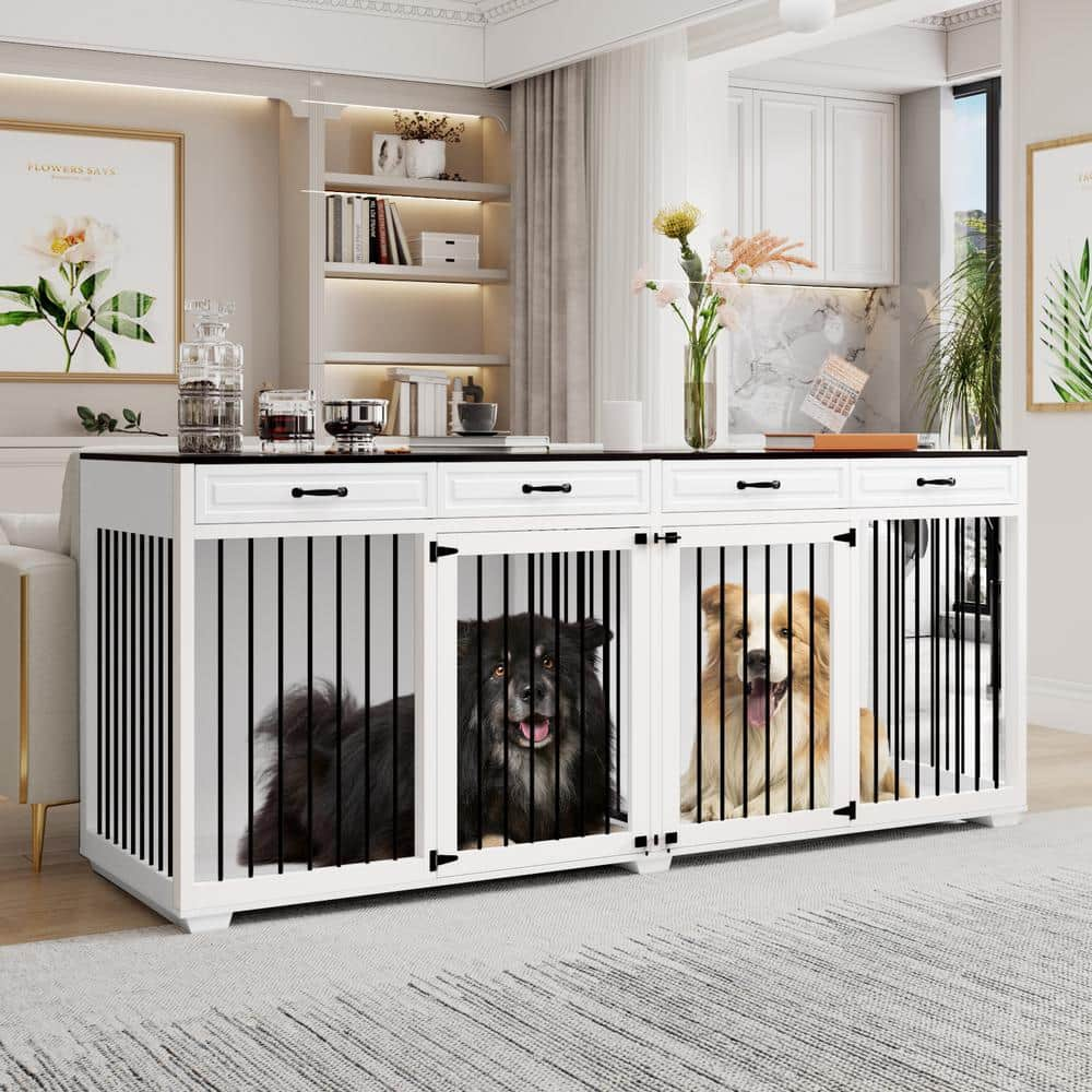 FUFU&GAGA 92.9 in. Super Large Dog Crate Furniture Wooden Dog Crate Kennel with 4 Drawers and Divider XXXL for 2 Large Dogs Indoor