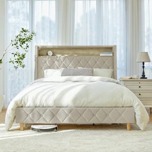 Candido Beige 81.5 in. Upholstered Wood Frame King Panel Bed with Charging Stations and Integrated Motion-Sensor Lights