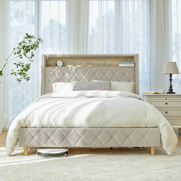 Candido Beige 81.5 in. Upholstered Wood Frame King Panel Bed with Charging Stations and Integrated Motion-Sensor Lights