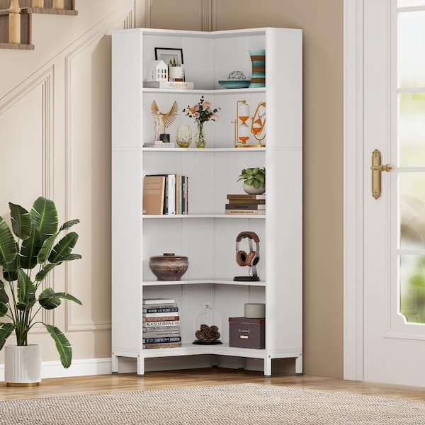 BYBLIGHT Eulas 70.9 in. Tall White Wood 5-Shelf Corner Bookcase, 5-Tier ...