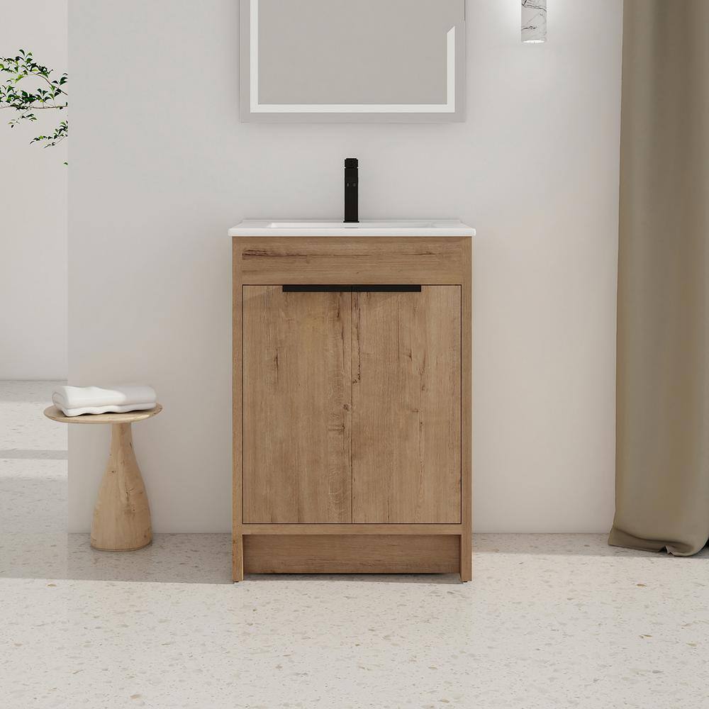 24 in. W x 18.3 in. D x 34 in. H Freestanding Bathroom Vanity in Imitative Oak with White Ceramic Top price history on PriceWatchPro