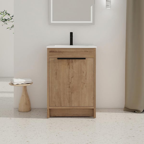 Staykiwi 24 in. W x 18.3 in. D x 34 in. H Freestanding Bathroom Vanity in Imitative Oak with White Ceramic Top