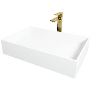 Matte Stone Bryant Composite Rectangular Vessel Bathroom Sink in White with Norfolk Faucet and Drain in Matte Gold