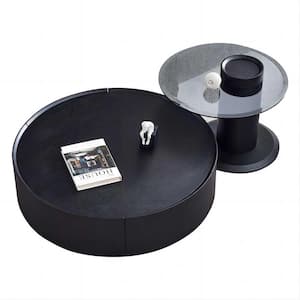 35.4 in. Black Round MDF Top Coffee Table with Black Tempered Glass Coffee Table