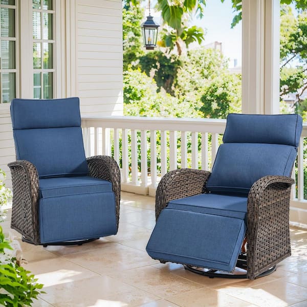 Rotavia Reclining 2-Piece Wicker Outdoor 360° Swivel Recliner with Blue Cushions, Adjustable Backrest, Footrest