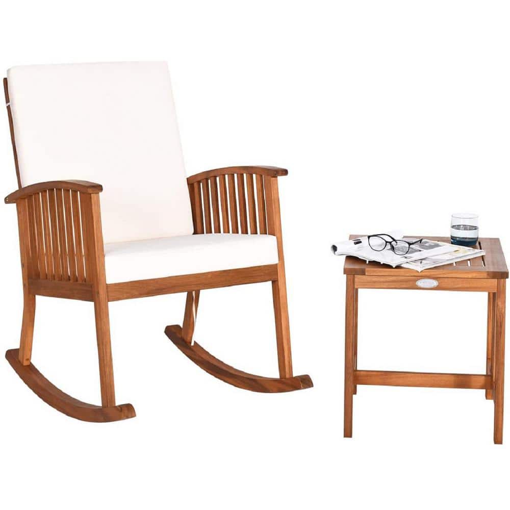 Acacia Wood Patio Outdoor Rocking Chair Table Sets with White Cushion