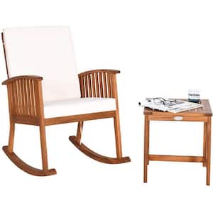Acacia Wood Patio Outdoor Rocking Chair Table Sets with White Cushion