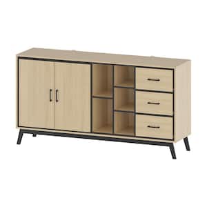 Burly Wood Color and Black Wooden 61.4 in. Width Sideboard, Storage Cabinet with 2 Doors, 5 Open Shelves and 3 Drawers